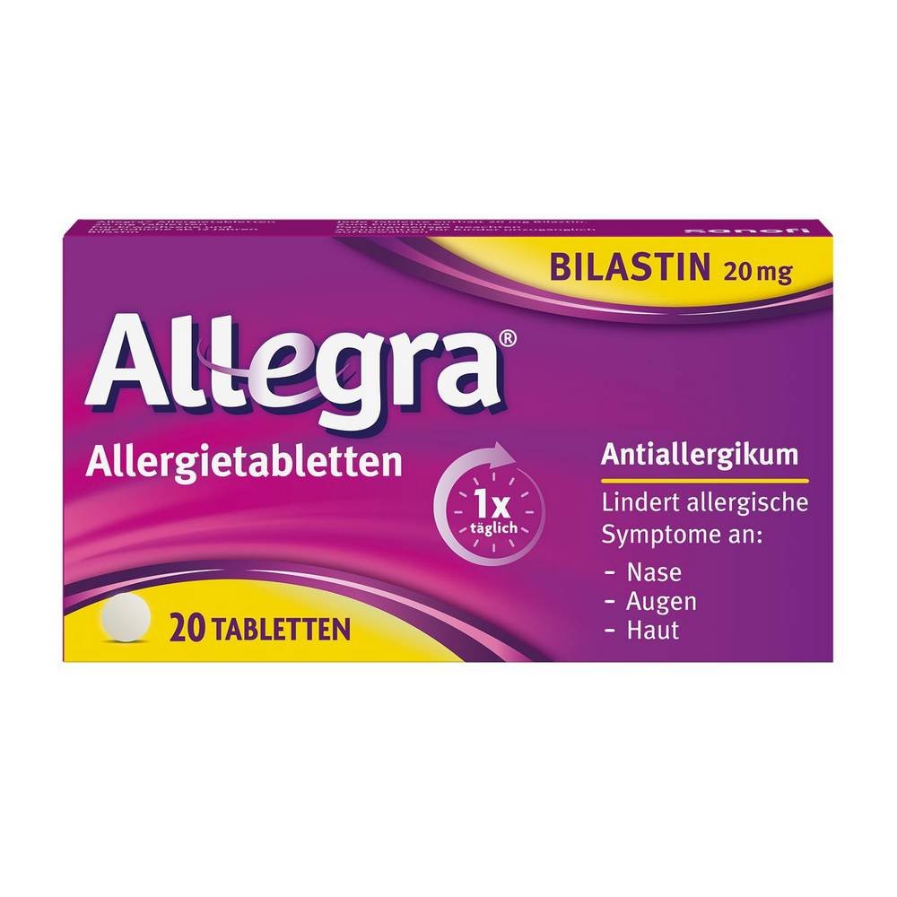 allegra allergietabletten 20 mg tabletten 20 stk Allegra® снимает симптомы аллергии, такие как насморк или зуд в носу, чихание, слезотечение, а также зуд, покраснение и крапивницу на коже.