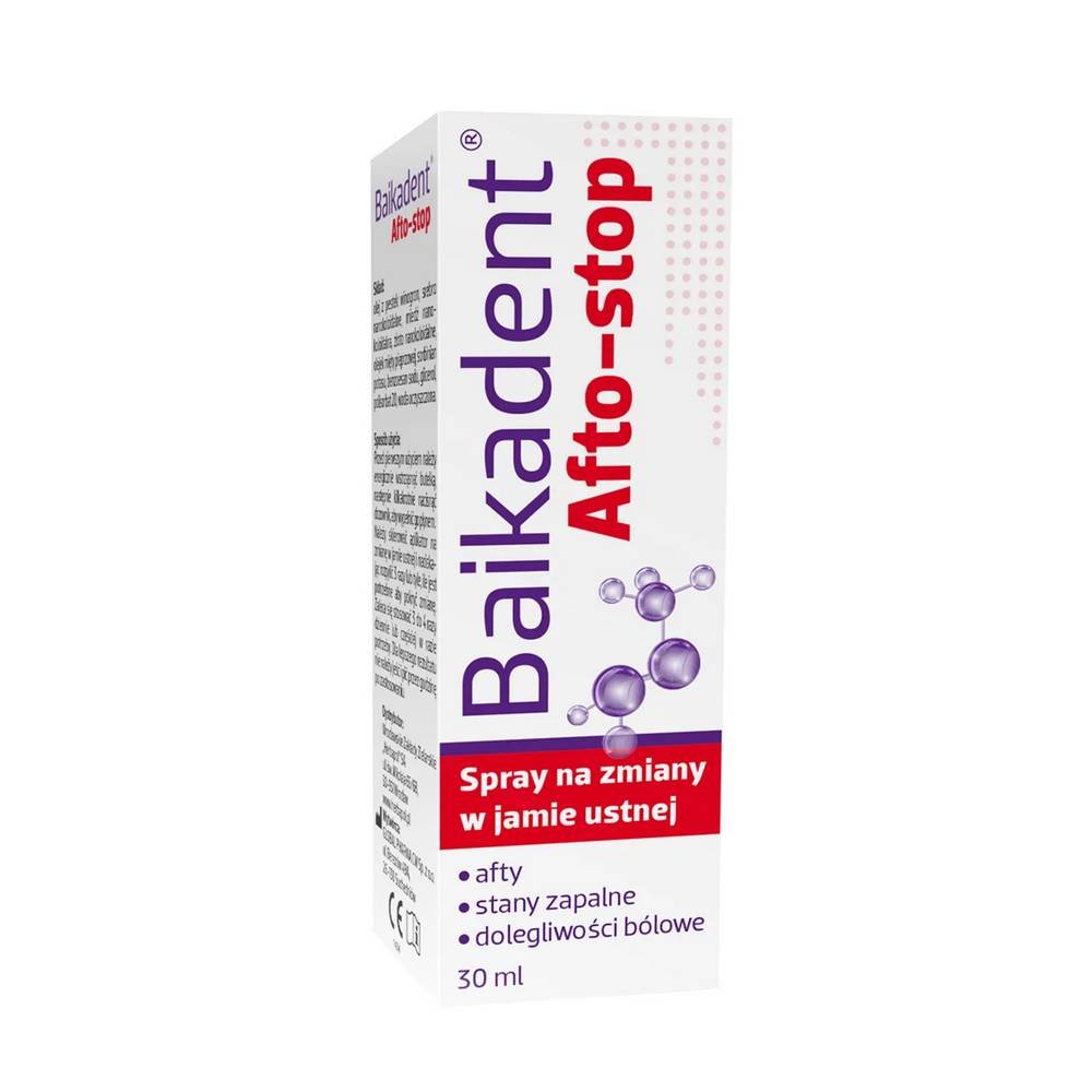 baikadent afto stop spray do ust 30 ml Baykadent Afto-stop helps relieve pain that occurs with minor changes in the mucous membrane, for example, with an aphthous ulcer.