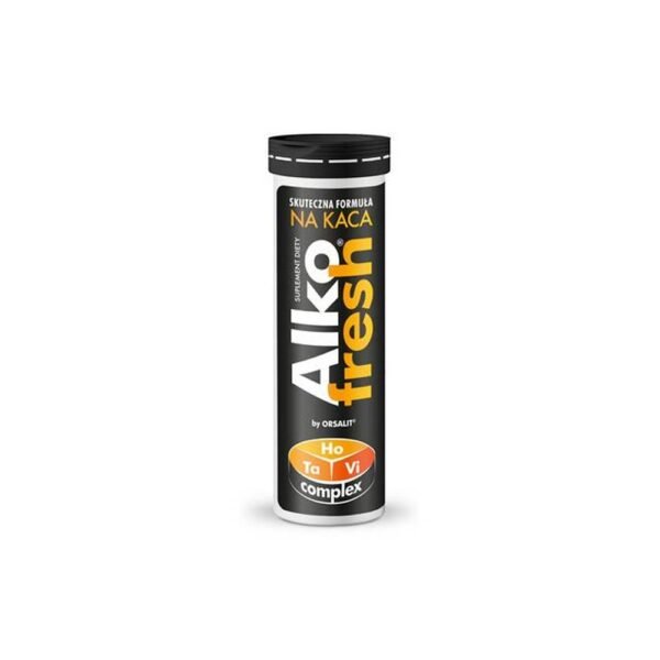 Alcofresh es un complemento alimenticio en forma de comprimidos efervescentes con sabores de naranja y maracuyá, destinado a recuperar la vitalidad tras el consumo de alcohol.