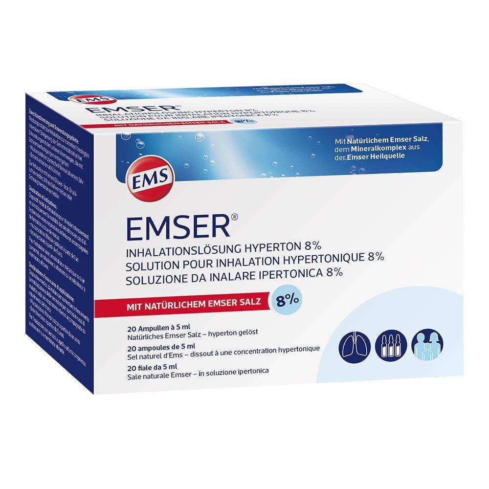 emser 8 hyperton inhalationslosung 20x 5ml Sidroga Emser 8% hypertonic solution for inhalation 20x5ml est une solution aqueuse stérile de sel naturel d'Emser dans une concentration hautement hypertonique pour inhalation. Pour les maladies des voies respiratoires inférieures associées au durcissement du mucus, à la fibrose kystique chez les adultes, les adolescents et les enfants à partir d'un an.