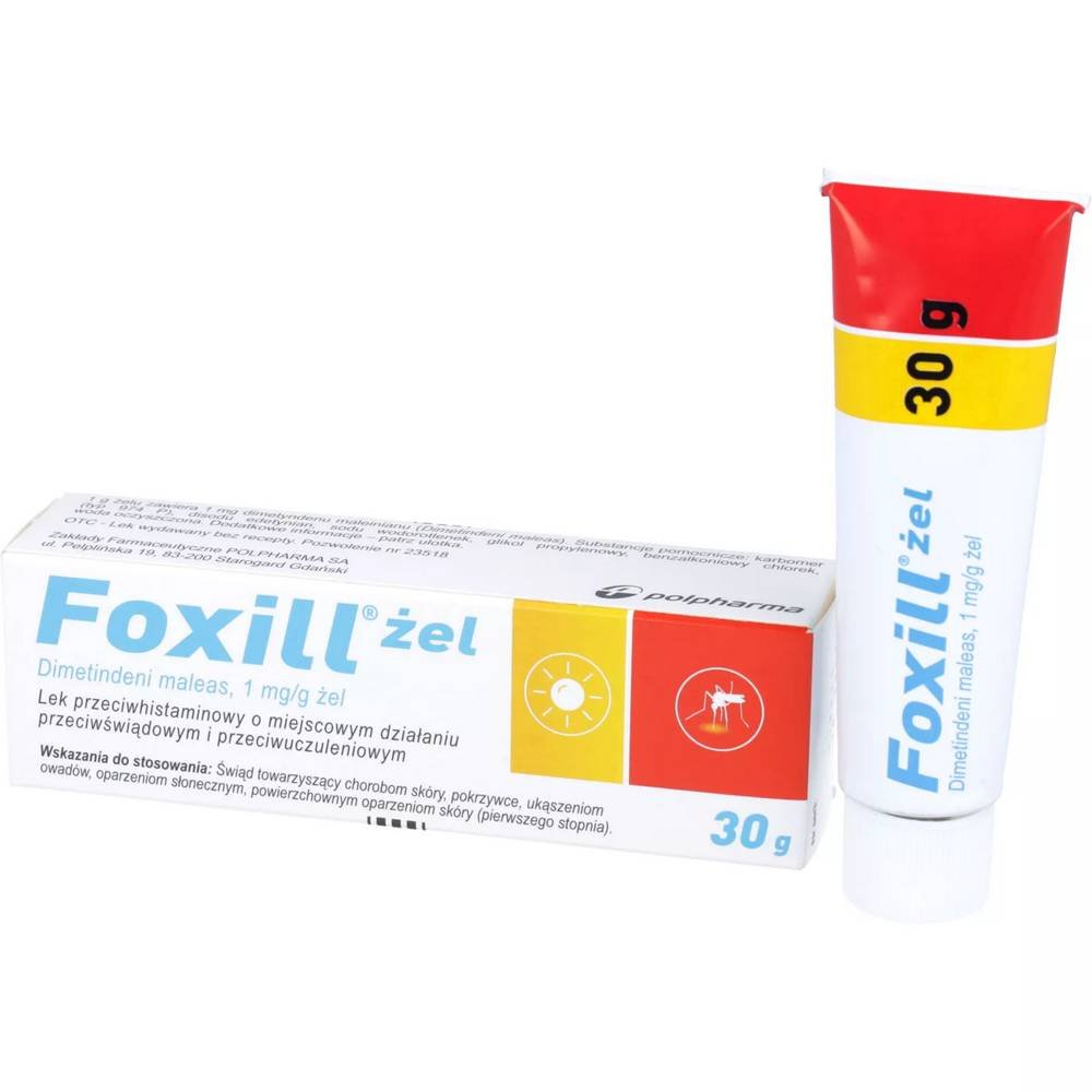 foxill zel 1 mgg 30g Foxil is a drug that soothes skin damage, reduces itching and swelling from bites, burns (first degree), and urticaria.