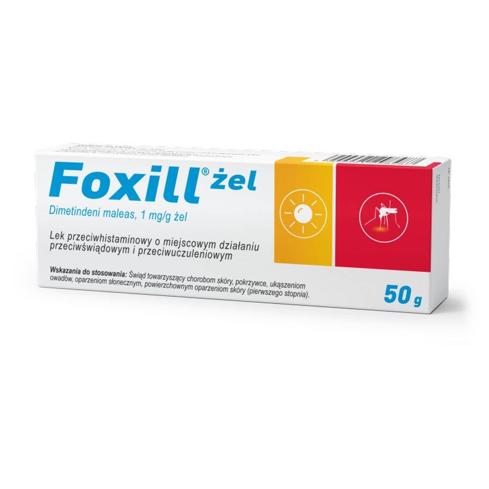 foxill zel 1mg1g 50g Foxil is a drug that soothes skin damage - reduces itching and swelling from bites, burns (first degree), and urticaria.