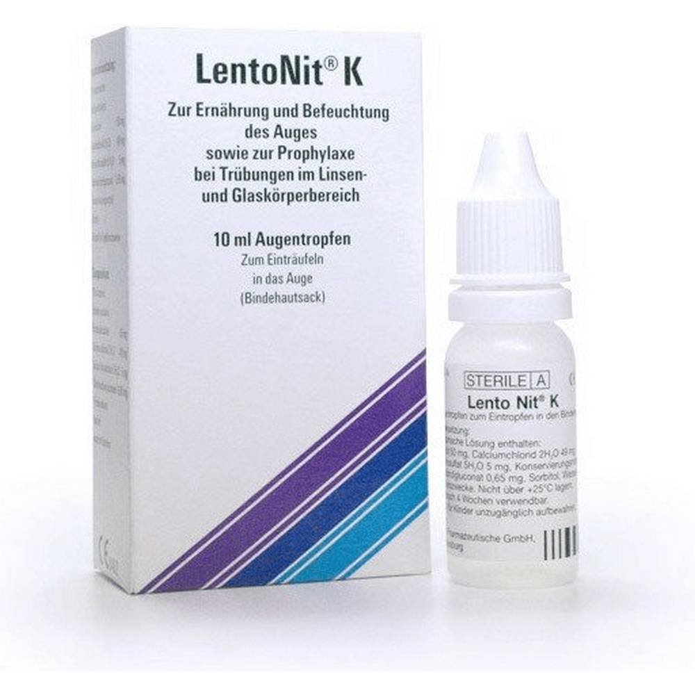 lento nit k augentropfen 10 ml Lento Nit K eye drops are used to moisturize the surface of the eye and to prevent clouding of the lens and vitreous body.