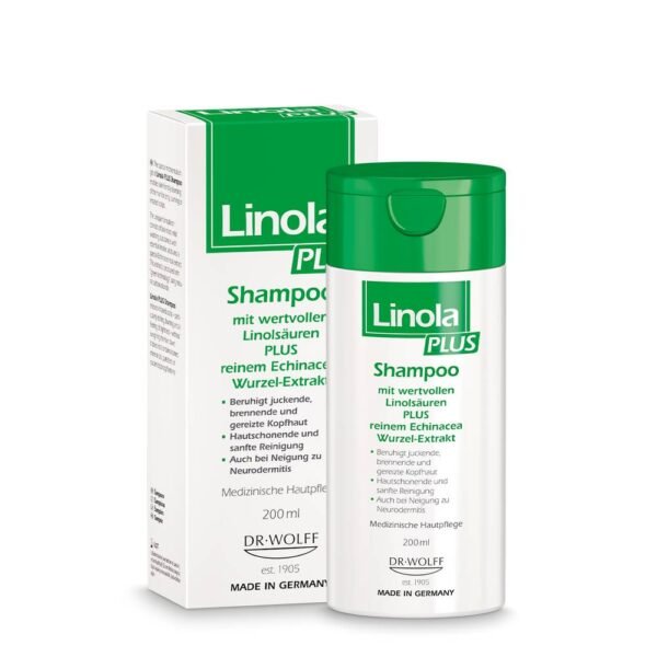 Linola Plus shampoo intensive care for itchy, burning, irritated scalp prone to neurodermatitis.
