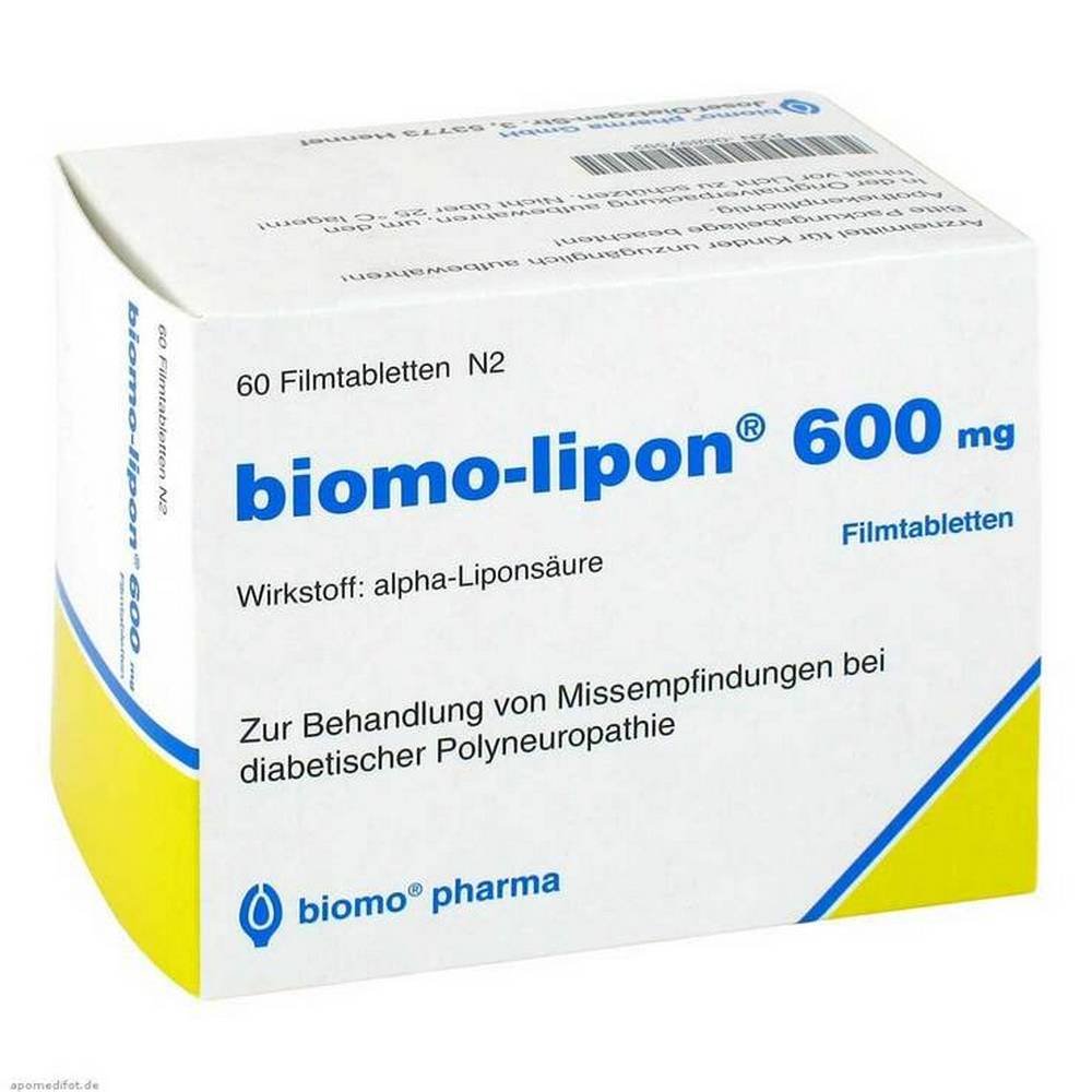 lipon 600 filmtabletten 60 stk Biomo-Lipon tiene propiedades protectoras (antioxidantes) para las células nerviosas contra los productos reactivos de descomposición.