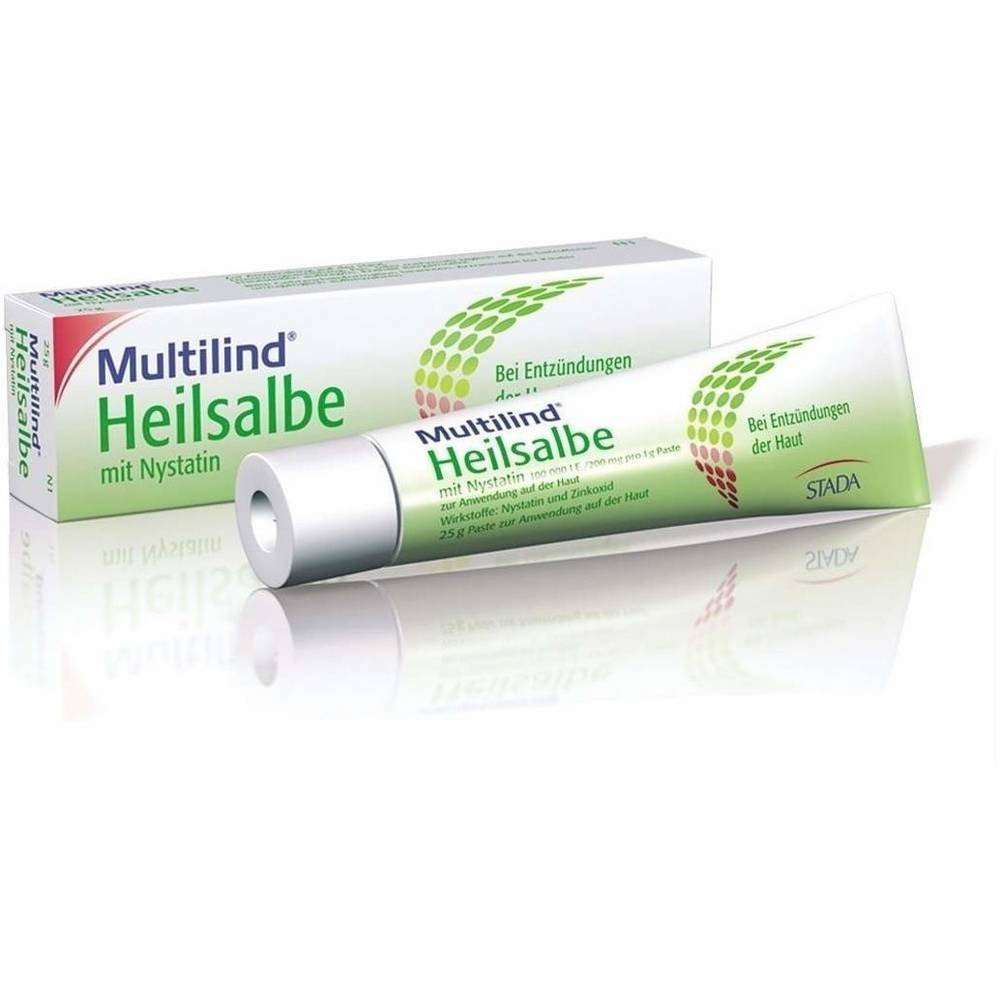 multilind heilsalbe mit nystatin m 25 g Multilind — высокоэффективное, проверенное сочетание противогрибкового активного ингредиента нистатина и противовоспалительного антибактериального оксида цинка.