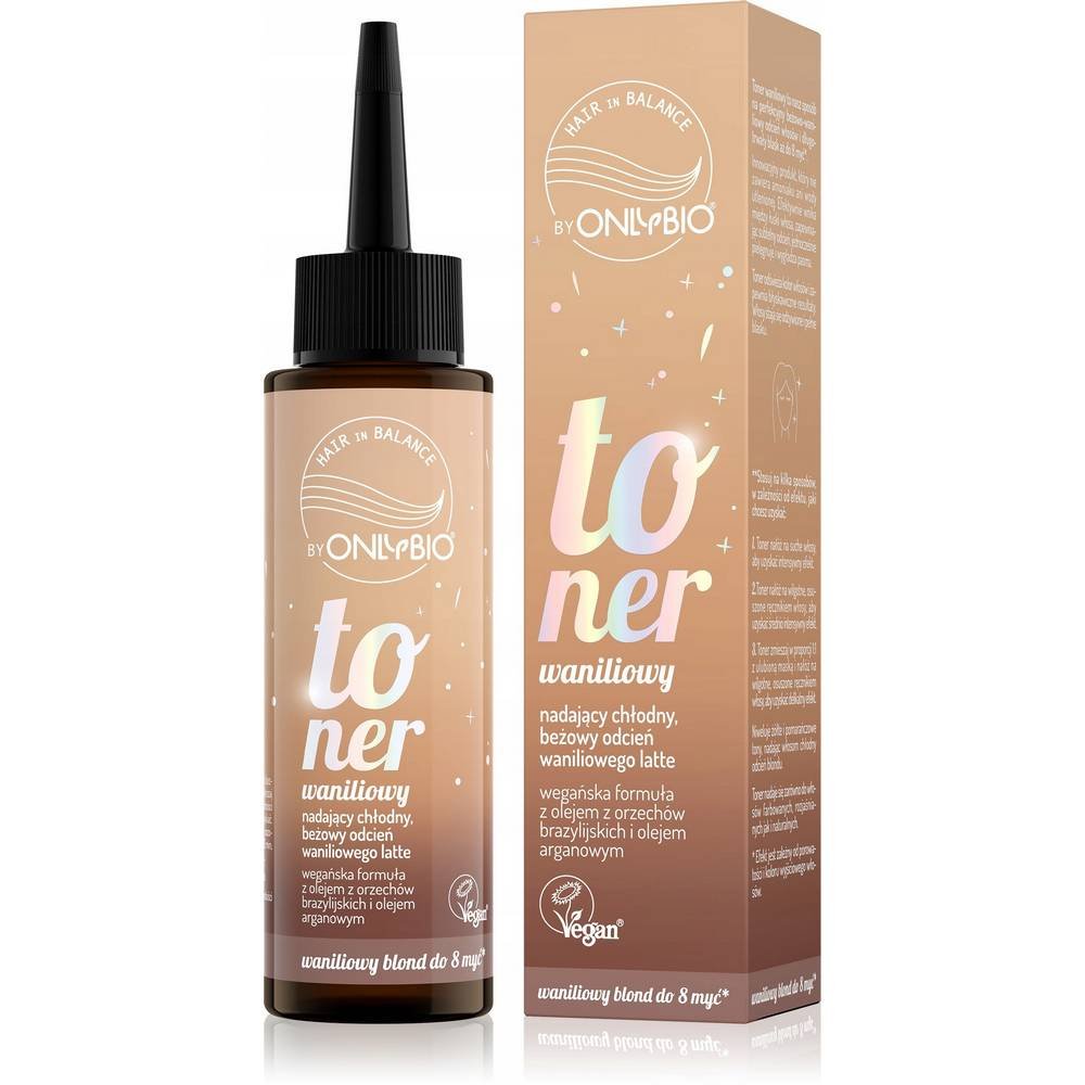 onlybio hair in balance kolor waniliowy 100 ml ONLYBIO Hair in Balance Hair Toner Vanilla Color 100 ml nourrit et renforce les cheveux, leur donnant une douceur soyeuse et une brillance, la teinte dure jusqu'à 8 minutes, un arôme riche et sucré de vanille-noisette.
