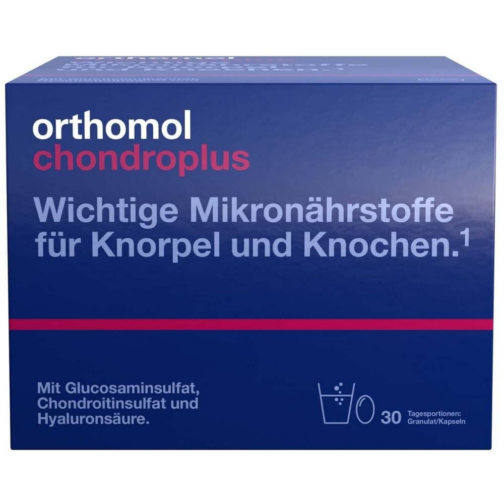 orthomol chondroplus kombipackung granulat kapseln 30 stk Ортомол Хондроплюс – это пищевая добавка с витамином С, которая способствует нормальному образованию коллагена для функционирования хрящей и костей.
