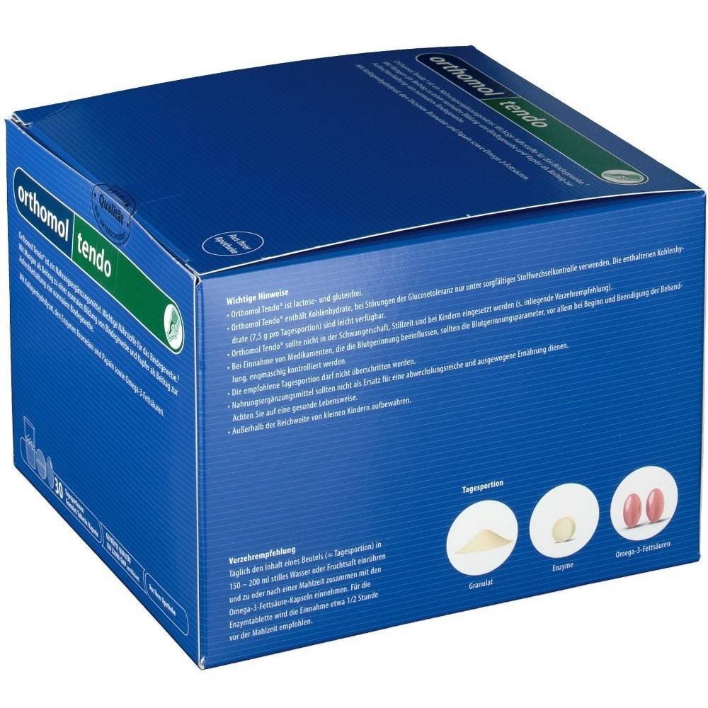 orthomol tendo kombipackung graulat kapseln tabletten 30 stk Orthomol Tendo is a food supplement with manganese and copper for normal formation and maintenance of connective tissue.