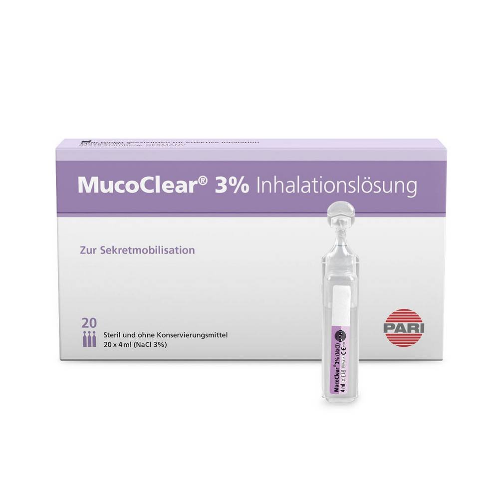 pari mucoclear 3 nacl inhalationslosung 240ml 60x 4ml Pari Mucoclear Inhalation solution 3% NaCl 240ml (60x 4ml), Es una solución inhalatoria de cloruro de sodio (NaCl) diseñada para la limpieza de las vías respiratorias y la eliminación de la congestión de moco.
