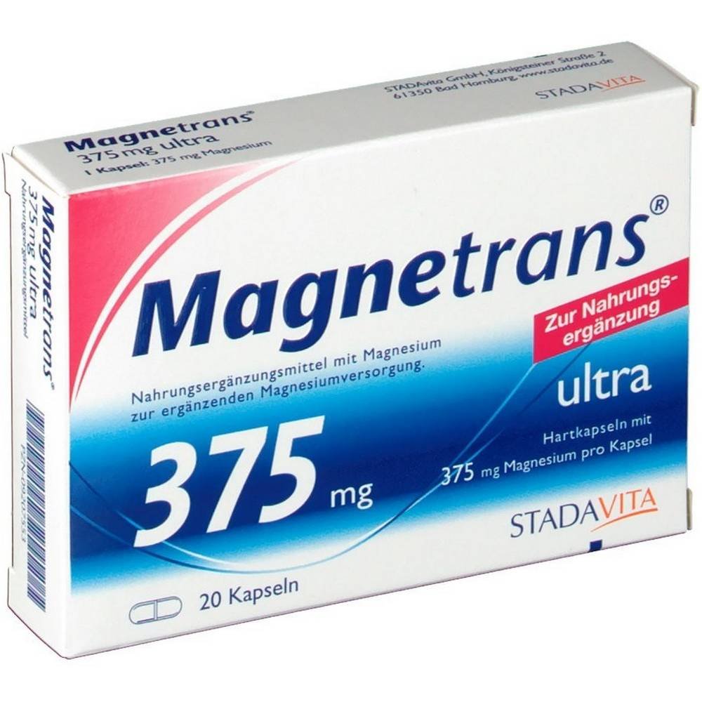 stada magnetrans 375 mg ultra kapseln 20 stk Magnetrans daily requirement for magnesium in one capsule.