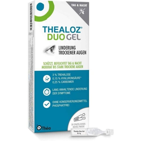 Thealoz Duo Gel pour le traitement des symptômes modérés à sévères de la sécheresse oculaire.