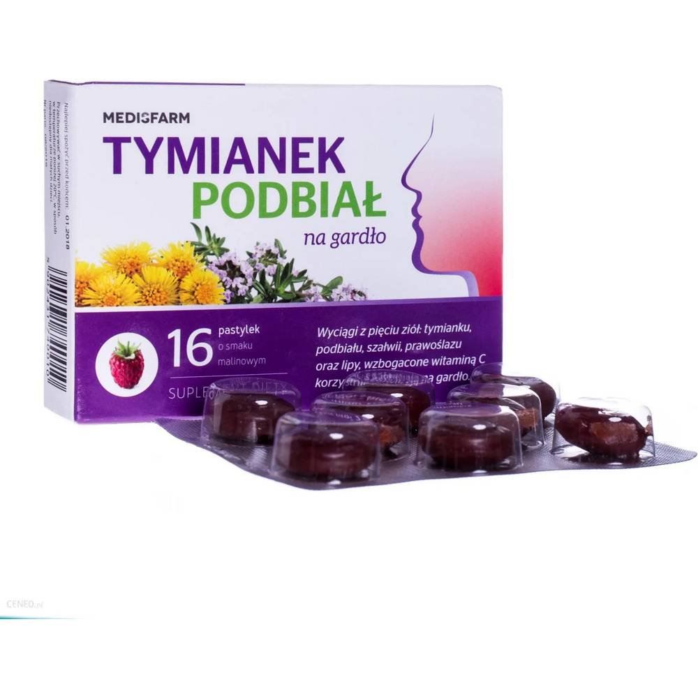 tymianek podbial na gardlo x 16pastyl Tymianek Podpał sont des pastilles à base de plantes contenant des extraits de plantes utilisées pour les affections nécessitant une hydratation supplémentaire de la bouche, de la gorge et du larynx.