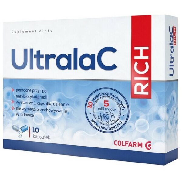 UltralaC RICH is a dietary supplement containing 5 billion live bacterial cultures from ten selected strains, as well as inulin and FibregumTM, a soluble fiber derived from acacia.