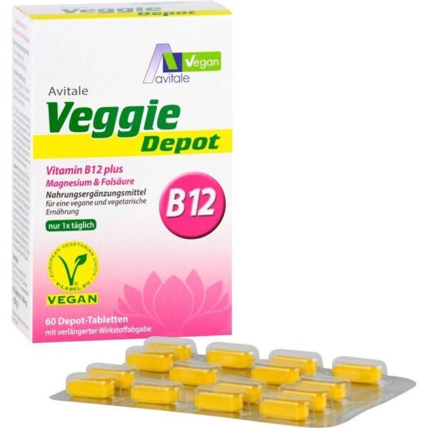 Veggie Depot Vitamin B12+Magnesium+Folic Acid — это диетическая добавка с витамином B12, магнием и фолиевой кислотой для веганской и вегетарианской диеты.