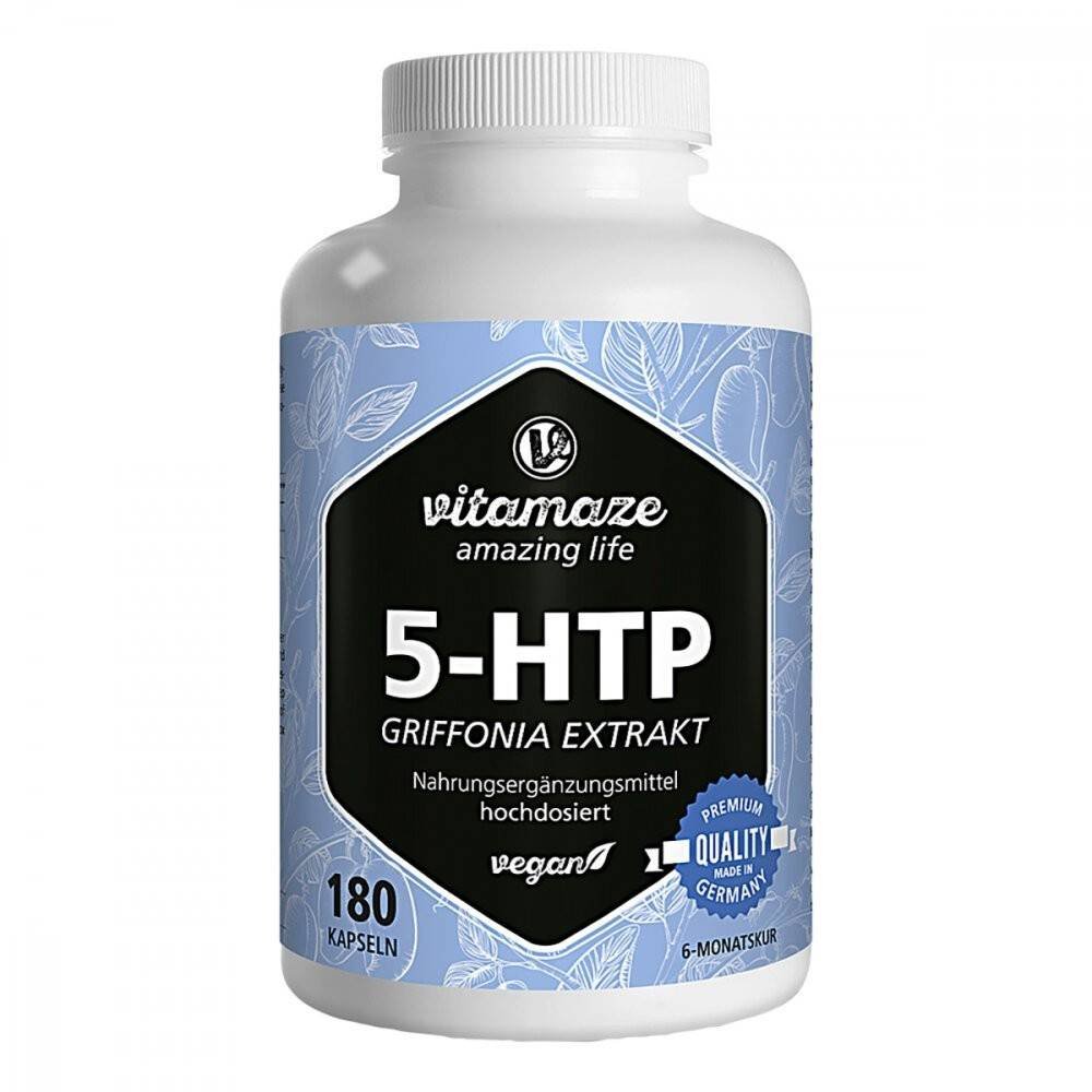vitamaze 5 htp 200mg aus griffonia extrakt hochdosiert kapseln 180 stk Capsules végétaliennes de 5-HTP avec extrait de plante de Griffonia simplicifolia (graines de haricot noir), 200 mg de 5-HTP pur (5-hydroxytryptophane) – en qualité Vitamaze régulière.