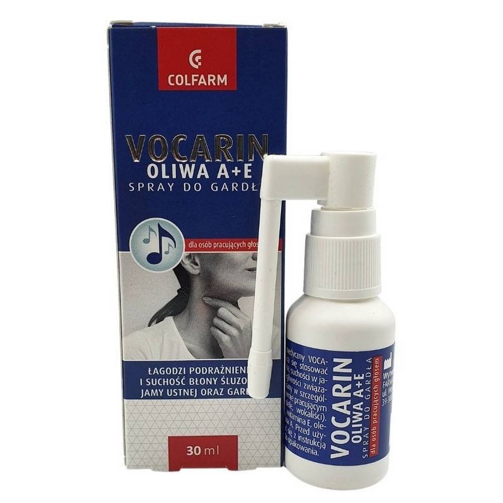 vocarin oliwa ae spray do gardla 30 ml Вокарин Олива А+Е – медицинский препарат в форме спрея, способствующий снятию раздражения и сухости во рту и горле.