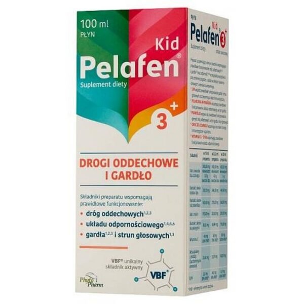 Pelafen Kid 3+ - complément alimentaire contenant des ingrédients favorisant le bon fonctionnement des voies respiratoires et de la gorge ainsi que l'immunité.